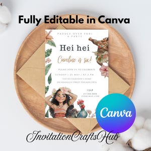Convite de aniversário Moana 2, convite editável para festa de menina, tema de aventura no oceano, cartão de festa tropical, modelo para impressão instantânea