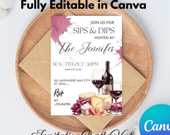 Editable Wine & Charcuterie Party Invitation | Sips Dips Invite for Bridal Shower, Girls Night, Birthday | Canva Template | Wine Cheese
