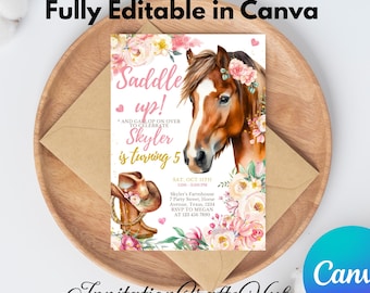 Saddle up, Cowgirl Birthday, Rodeo, Horse Birthday Invitation, Farm Birthday, Any Age, Floral Horse, Girl Saddle Up