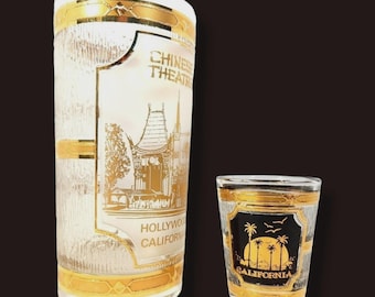 Vintage Culver 22k Gold Hollywood California Barware Lot, Chinese Theatre Highball and Shot Glass