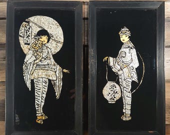 Vintage Japanese Reverse Glass Art Panels Geisha Lantern Fan Foil Painting Set of 2