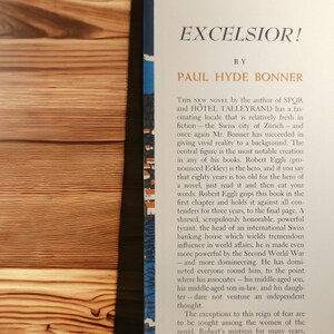 Dust jacket inner flap – Descriptive blurb highlighting plot centered around Swiss banker Robert Eggli and WWII backdrop.
