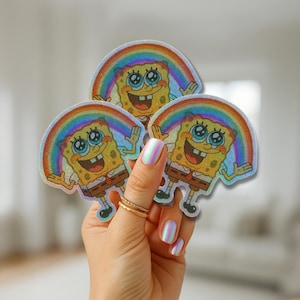 SpongeBob Rainbow Sticker – Holographic Meme Vinyl Decal – Funny Nostalgic Cartoon Sticker (2x2 to 6x6)