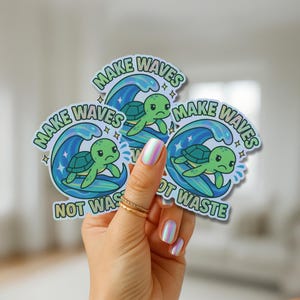 Sticker Make Waves Not Waste – Sticker tortue de mer surfant en vinyle écologique – Sticker écologique découpé (2 x 2 à 6 x 6 x 6 po.) pour bouteilles d'eau et ordinateurs portables