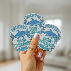 Sticker Protect Our Oceans – Sticker vinyle protecteur des requins – Sticker écologique découpé en forme de baiser pour bouteilles d'eau, ordinateurs portables et journaux