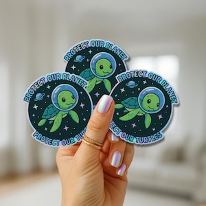 Sticker tortue Protect Our Planet – Sticker vinyle tortue de mer de l'espace – Sticker écologique découpé (2 x 2 à 6 x 6 x 6 po.) pour ordinateurs portables, bouteilles d'eau