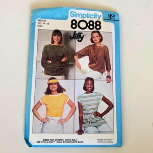 May include: A vintage Simplicity sewing pattern, size 14-16, featuring four different top designs. The pattern envelope is blue with the text "Simplicity 8088 Jiffy". The price is $1.50.
