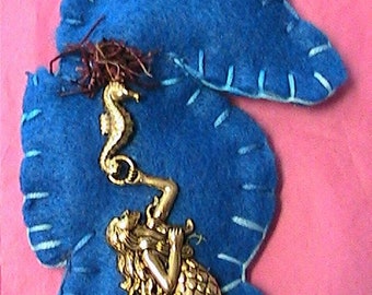 RoYAL SeAHORSE~MeRMAID ORNAMENT~Golden Brass Mermaid & Seahorse~hand embroidered~New~handmade by me