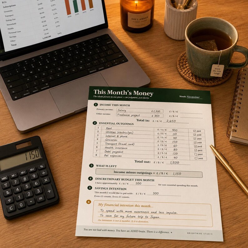 May include: A printed financial planning worksheet titled This Month's Money with handwritten entries for income, essential outgoings, and savings goals, featuring a dark green header and organized sections for tracking monthly budget data.