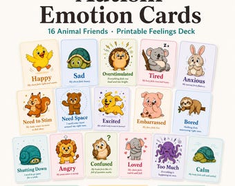 Tarjetas de emociones para niños con autismo / Tarjetas de sentimientos imprimibles / Conjunto de personajes de animales para la comunicación sensorial / Descarga digital