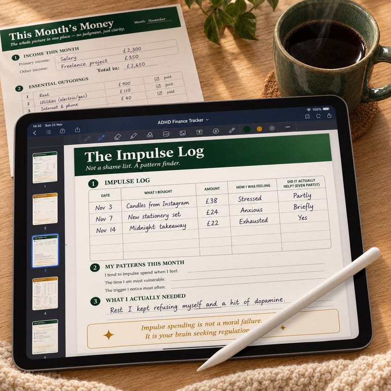 May include: A digital tablet displaying an ADHD Finance Tracker app with a page titled The Impulse Log. The screen shows a table with columns for date, item, amount in pounds, feelings, and helpfulness, alongside a white stylus pen.