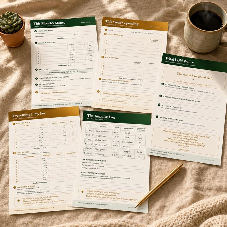 May include: A set of five financial planning worksheets with green and gold headers, featuring sections titled This Month's Money, This Week's Spending, What I Did Well, Everything I Pay For, and The Impulse Log, accompanied by a gold pen.
