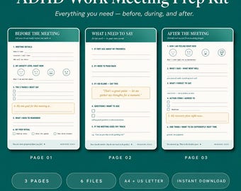 Kit imprimible para preparar reuniones sobre TDAH / Notas para reuniones de trabajo sobre TDAH / Herramientas de trabajo para personas neurodivergentes / Rastreador de fatiga / Descarga digital