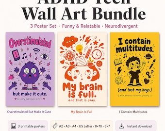Lámina decorativa para adolescentes con TDAH / Divertida cita sobre el TDAH / Decoración para dormitorios neurodivergentes / Descarga digital colorida