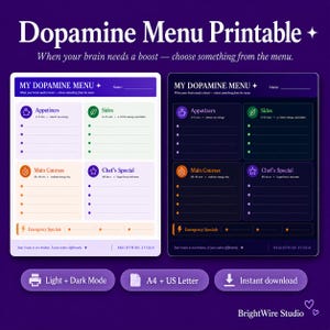 May include: Two Dopamine Menu printable templates in light and dark modes. Each features sections for Appetizers, Sides, Main Courses, Chef's Special, and Emergency Specials with space for lists. Text includes My Dopamine Menu and BrightWire Studio.