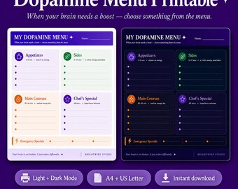 Menú de dopamina para TDAH imprimible, planificador de autocuidado neurodivergente, hoja de trabajo de apoyo a la función ejecutiva, herramienta de salud mental en PDF, automejora