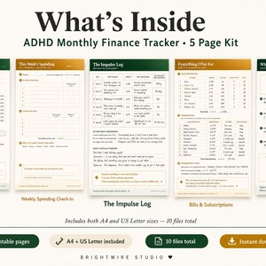 May include: A 5-page ADHD monthly finance tracker kit featuring five distinct printable sheets titled What's Inside, This Month's Money, This Week's Spending, The Impulse Log, Everything I Pay For, and What I Did Well, with A4 and US Letter sizes included.