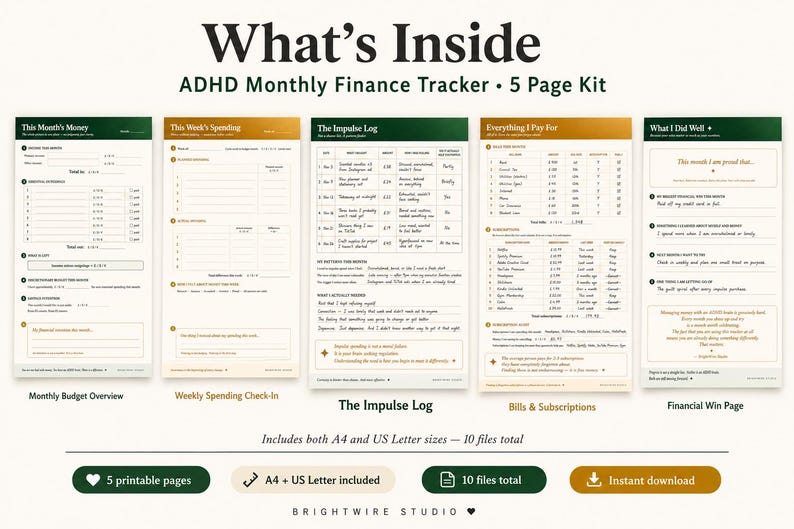 May include: A 5-page ADHD monthly finance tracker kit featuring five distinct printable sheets titled What's Inside, This Month's Money, This Week's Spending, The Impulse Log, Everything I Pay For, and What I Did Well, with A4 and US Letter sizes included.