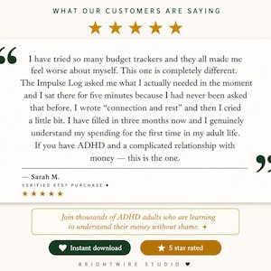 May include: A customer review graphic for The Impulse Log featuring five gold stars, a testimonial from Sarah M. about ADHD and money management, and buttons for instant download and 5-star rating. The text reads: Join thousands of ADHD adults.