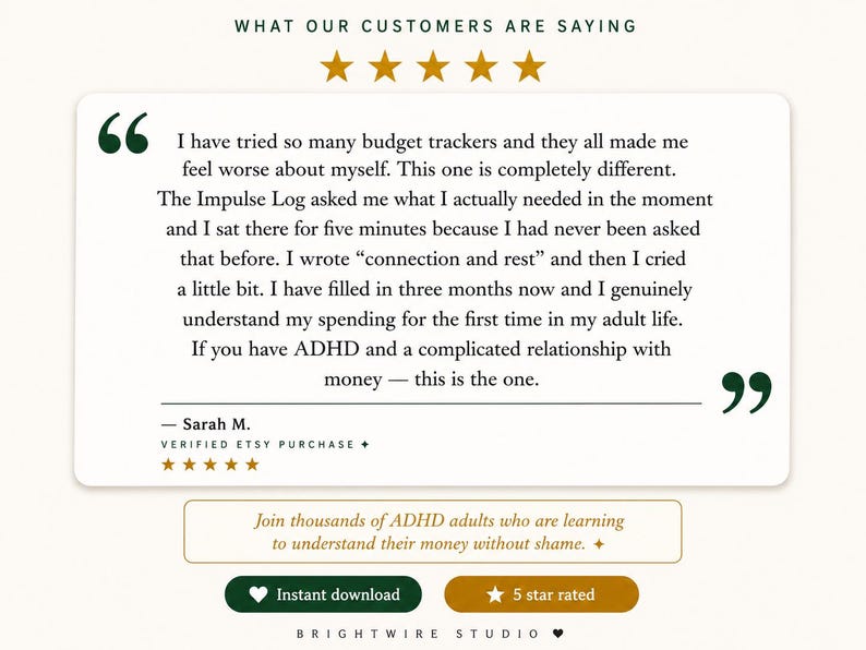 May include: A customer review graphic for The Impulse Log featuring five gold stars, a testimonial from Sarah M. about ADHD and money management, and buttons for instant download and 5-star rating. The text reads: Join thousands of ADHD adults.
