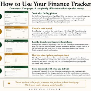 May include: An instructional infographic titled How to Use Your Finance Tracker, featuring five numbered steps with corresponding page previews. The text outlines a monthly financial planning process, including income, spending, impulse logs, subscriptions, and monthly reflections.