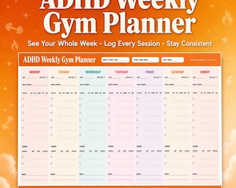 Planificador semanal de gimnasio para personas con TDAH (imprimible) / Planificador de fitness para personas neurodivergentes / Registro de entrenamiento / Rutina de ejercicios / Descarga digital