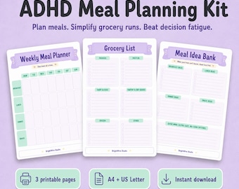 Kit imprimible para planificar comidas para personas con TDAH / Planificador semanal de comidas y lista de la compra para personas neurodivergentes / Descarga instantánea en formato A4 (carta estadounidense), Plan de funciones ejecutivas