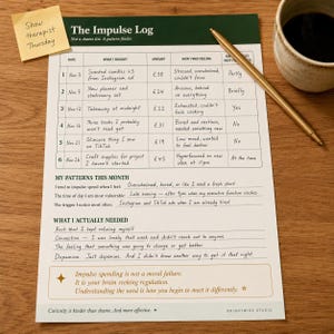 May include: A printed paper log titled The Impulse Log with a table for tracking purchases, amounts in pounds, and feelings. It includes sections for patterns and needs, with handwritten notes, a gold pen, and a yellow sticky note reading Show Therapist Thursday.