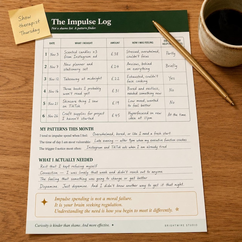 May include: A printed paper log titled The Impulse Log with a table for tracking purchases, amounts in pounds, and feelings. It includes sections for patterns and needs, with handwritten notes, a gold pen, and a yellow sticky note reading Show Therapist Thursday.