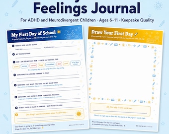 Imprimible para el primer día de clases para niños con TDAH / Diario de regreso a clases para niños neurodivergentes / Página de sentimientos del primer día / Recuerdo escolar para niños