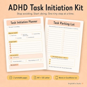 May include: ADHD Task Initiation Kit with two printable pages, Task Initiation Planner and Task Parking Lot. Features include sections for breaking down tasks, identifying obstacles, setting rewards, and tracking focus. Compatible with A4 and US Letter sizes.