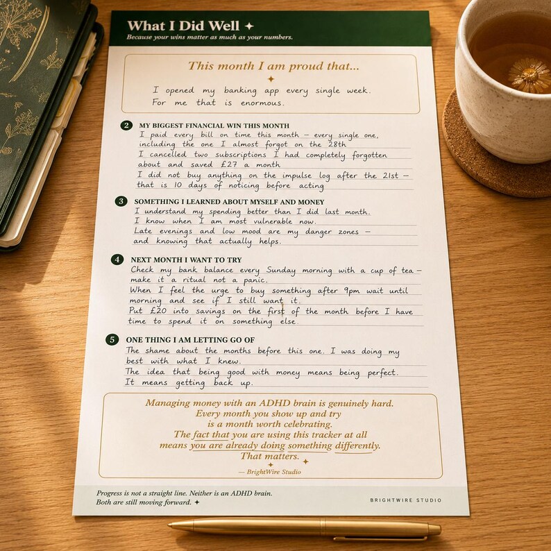 May include: A white paper financial tracker sheet with dark green headers and gold accents. The text includes sections titled What I Did Well, This month I am proud that, and numbered prompts from 2 to 5. It features handwritten notes and a bottom section with the text Managing money with an ADHD brain is genuinely hard. The sheet is placed on a wooden surface with a gold pen.