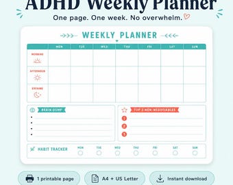 ADHD Weekly Planner Printable | Neurodivergent Planner, Brain Dump, Time Planner, Habit Tracker, Instant Download PDF, Organization Tool