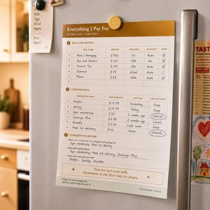 May include: A white paper financial tracker titled Everything I Pay For with gold headers. It features sections for bills and subscriptions with columns for names, amounts in pounds, dates, and status checkboxes, plus a subscription review area.