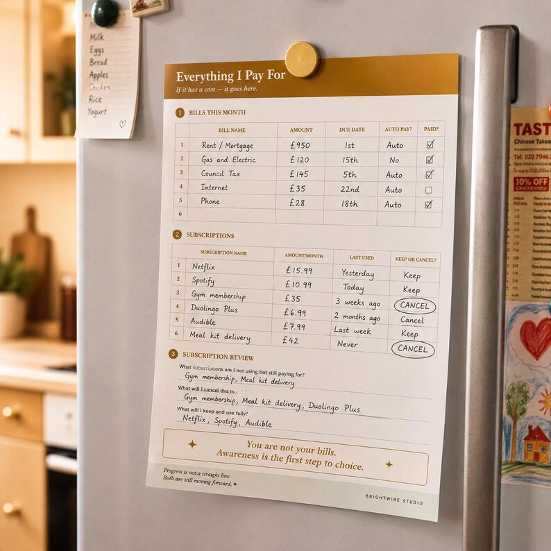 May include: A white paper financial tracker titled Everything I Pay For with gold headers. It features sections for bills and subscriptions with columns for names, amounts in pounds, dates, and status checkboxes, plus a subscription review area.