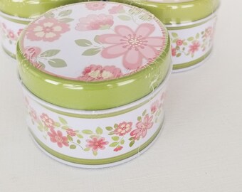 Mini Round Tin Canisters with Pink and Green Floral or Polka Dot Pattern, by Laura Ashley, Set of Four