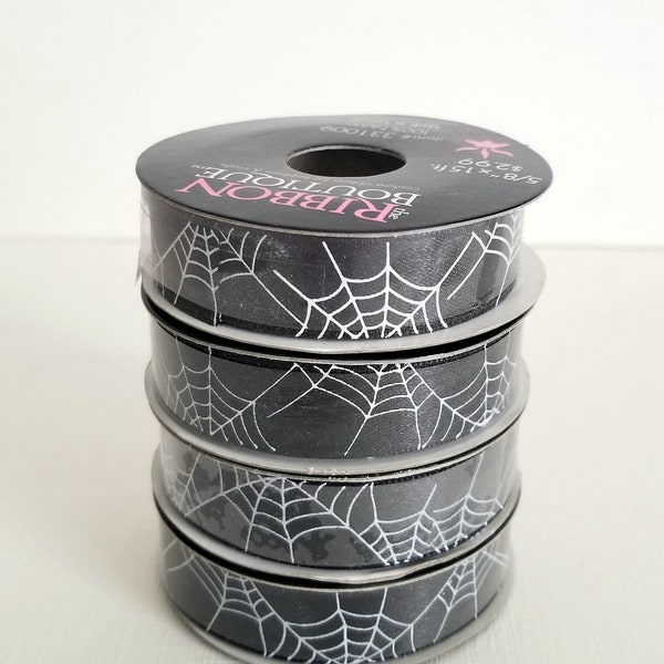 Halloween Spiderweb Black and White Satin Ribbon, 5/8 inch, Sold by the Spool