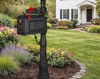Vintage Style Cast Aluminum Mailbox with Post – Decorative Black Outdoor Mailbox