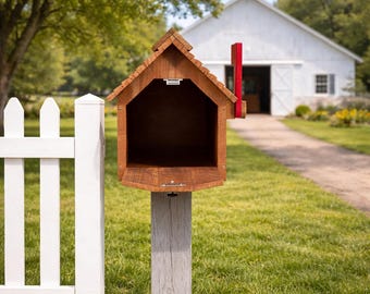 Rustic Cedar Wooden Mailbox, Farmhouse Outdoor Mailbox, Large Capacity, Red Flag