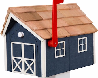 Amish Wooden Mailbox with Cedar Roof, Navy Blue