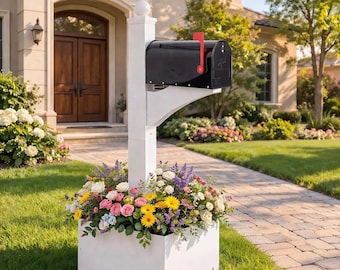 White Iron Mailbox Post with Planter Box, Decorative Outdoor Stand