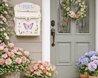 Vintage Pink Butterfly Mailbox, Lockable Wall Mount Metal Letter Box