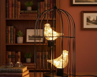 Black Birdcage Lamp with Fairy Lights