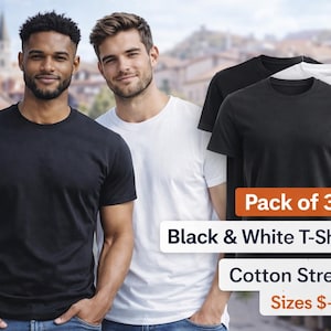 May include: An image showing three black and white t-shirts, with two men wearing the same style shirts. The image text reads "Pack of 3 Black & White T-Shirts Cotton Stretch Sizes S-3XL."