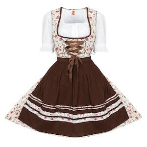 May include: A dress featuring a white blouse with short puff sleeves, a bodice with a floral pattern in red and green, and a brown skirt. The bodice includes a brown ribbon lace-up front, while the skirt displays horizontal floral bands.