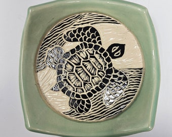 Sgraffito Sea Turtle Ceramic Trinket Dish: great soap dish, sponge holder, tea bag or spoon rest, key or ring dish, or as a cookie plate.