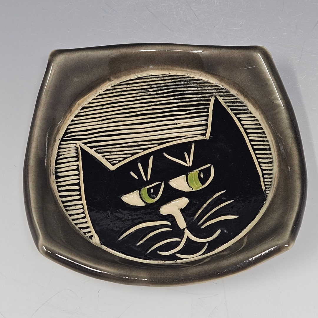 Sgraffito Cat Trinket Dish Tea Bag Rest Soap Dish Sponge Etsy