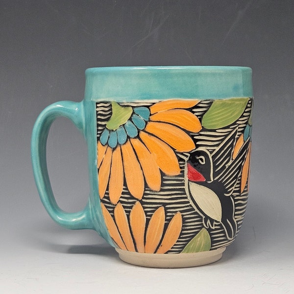 Ceramic mug| Handmade Mug | Bird Coffee mug| Tea mug| Sgraffito Mug| Housewarming gift| Birdlover Mug| Unique mug| Hummingbird Mug| Bird Mug