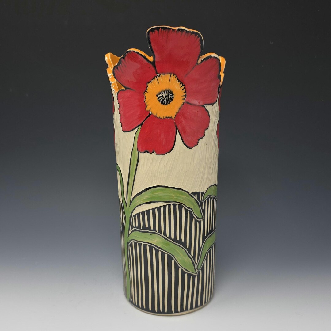 Handmade Ceramic Bouquet Vase, Bold Flowers, Sgraffito Pottery - Etsy