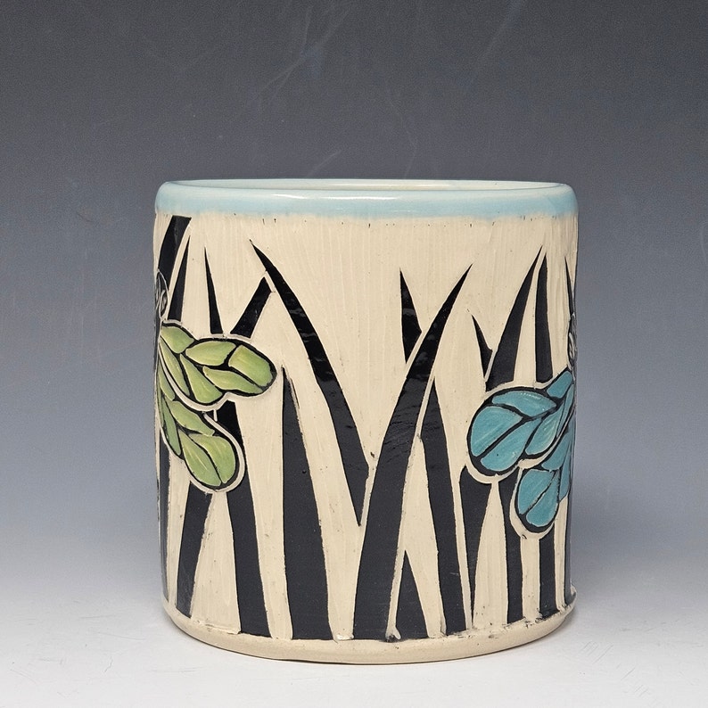 Handcrafted Sgraffito Dragonfly Mug with Blue and Green Wings -  Light Blue Glaze